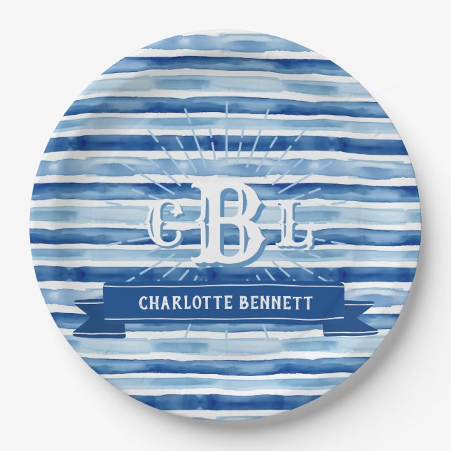 Nautical Blue Watercolor Stripe Full Monogram Paper Plate (Front)