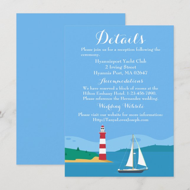 Nautical Blue Wedding Details Lighthouse Sailboat Invitation (Front/Back)