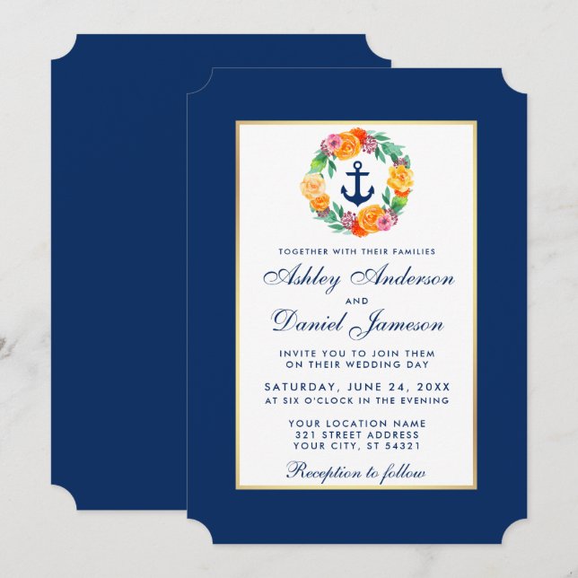 Nautical Blue Wedding Floral Invitation B (Front/Back)