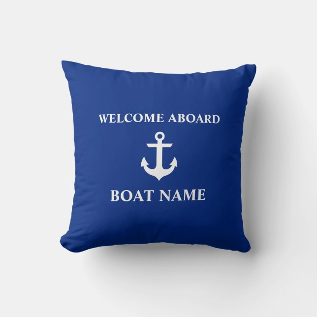 Nautical Blue Welcome Aboard Boat Name Blue Cushion (Front)