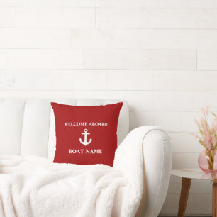 Nautical Blue Welcome Aboard Boat Name Red Cushion