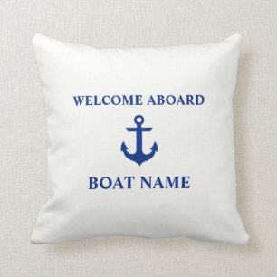 Nautical Blue Welcome Aboard Boat Name White Cushion