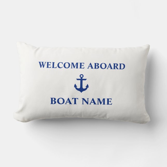 Nautical Blue Welcome Aboard Boat Name White Lumbar Cushion (Front)