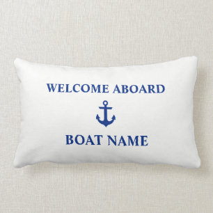 Nautical Blue Welcome Aboard Boat Name White Lumbar Cushion