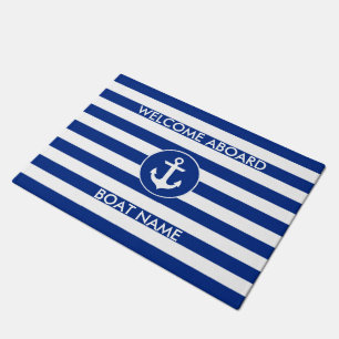 Nautical Blue Welcome Boat Name Striped Door Mat