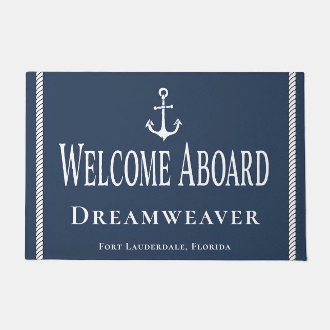 Nautical Blue Welcome Yacht Boat Name Anchor Doormat (Front)