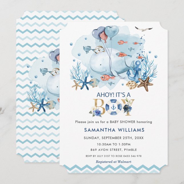 Nautical Blue Whale Ahoy It's a Boy Baby Shower Invitation (Front/Back)