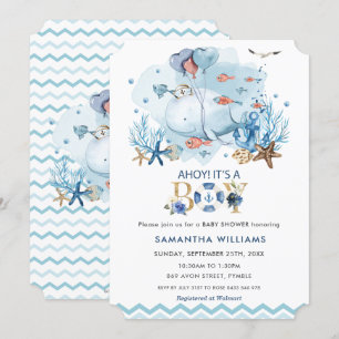 Nautical Blue Whale Ahoy It's a Boy Baby Shower Invitation
