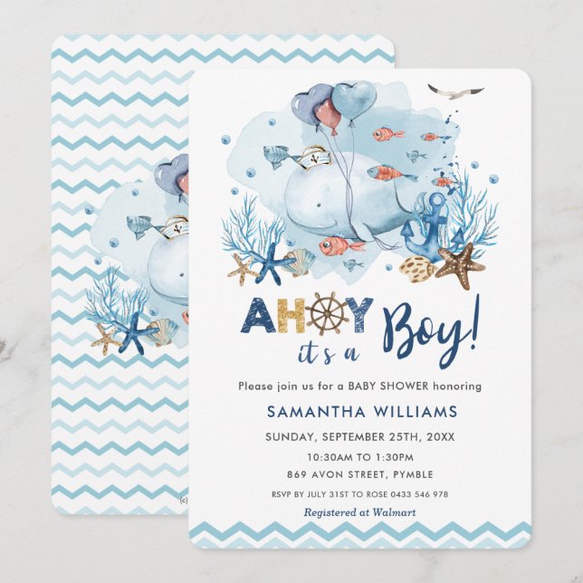 Nautical Blue Whale Ahoy It's a Boy Baby Shower Invitation (Front/Back)