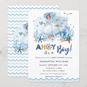 Nautical Blue Whale Ahoy It's a Boy Baby Shower Invitation