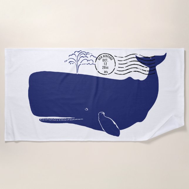 Nautical Blue Whale Postage Stamp Monogram Beach Towel (Front)