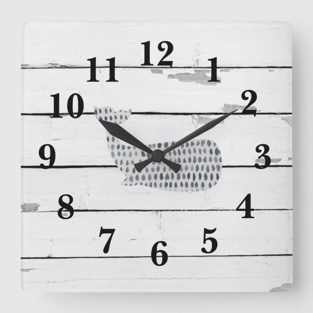Nautical Blue Whale Shiplap Rustic Decor Square Wall Clock (Front)