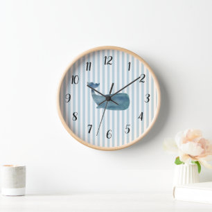 Nautical Blue Whale Stripe Preppy Large Clock
