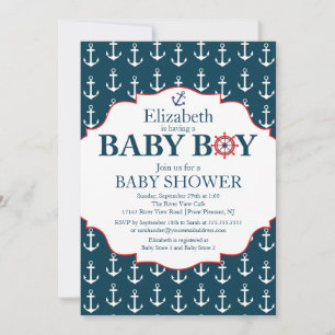 Nautical Blue & White Anchors Boys Baby Shower Invitation