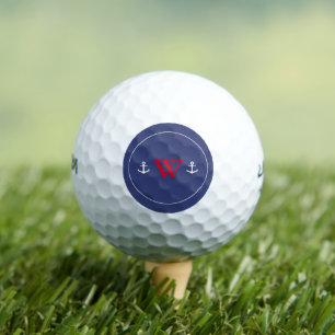 Nautical Blue White and Red Monogram Anchors Golf Balls