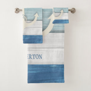 Nautical Blue White Distressed Wood Anchor Beach Bath Towel Set