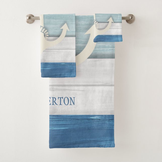 Nautical Blue White Distressed Wood Anchor Beach Bath Towel Set (Insitu)