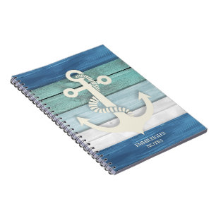Nautical Blue White Distressed Wood Anchor Notes  Notebook