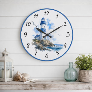 Nautical Blue White Lighthouse Large Clock