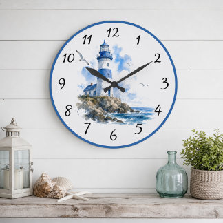 Nautical Blue White Lighthouse Large Clock