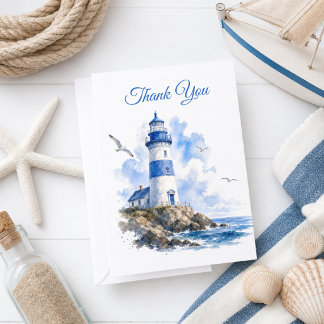 Nautical Blue White Lighthouse Thank You Card