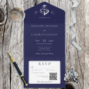 Nautical Blue & White Modern QR Code All In One Invitation