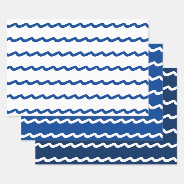 Nautical blue white ocean sea waves pattern modern wrapping paper sheet (Set)