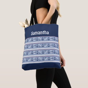 Nautical Blue White Red Anchors Monogram Tote Bag