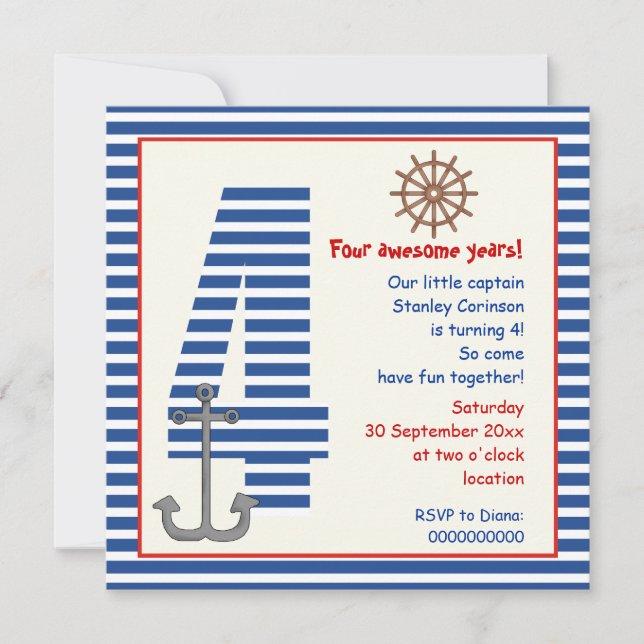 Nautical blue, white sailboat 4th birthday party invitation (Front)