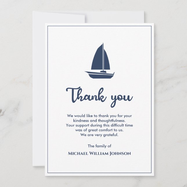 Nautical Blue White Sailboat Sailing Boat Funeral Thank You Card (Front)