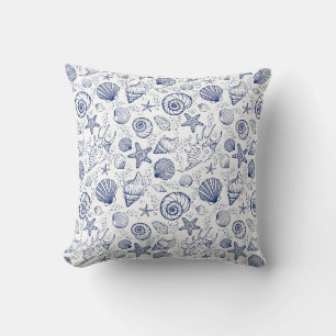 Nautical Blue White Seashell Starfish Cushion