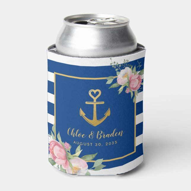 Nautical Blue White Stripe Anchor Heart Wedding Can Cooler (Can Front)
