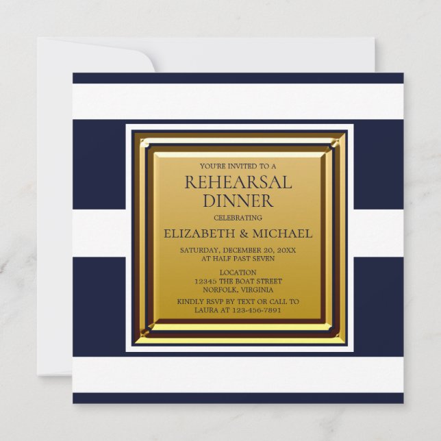 Nautical Blue White Stripe Anchor Rehearsal Dinner Invitation (Back)