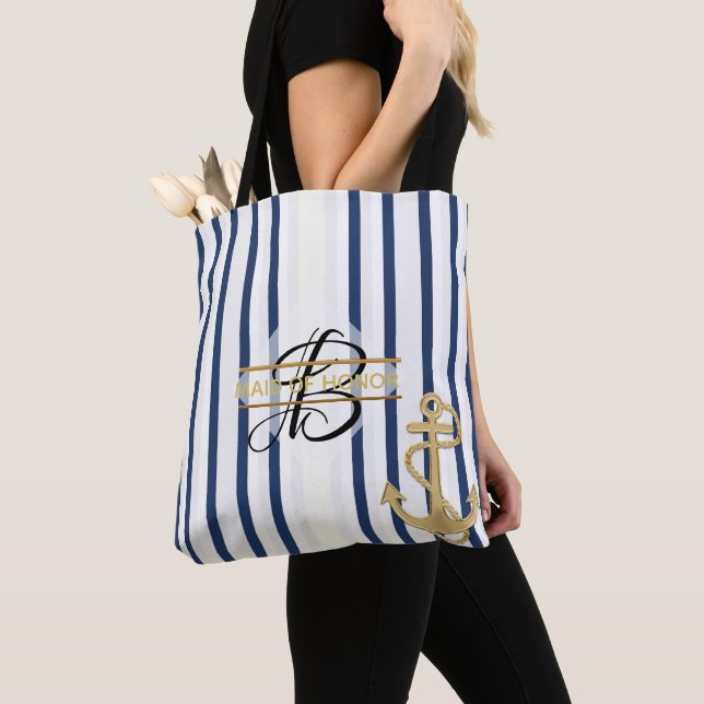 Nautical Blue White Stripe MONOGRAM Tote Bag (Close Up)