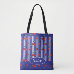 Nautical blue white striped sweet cherry name Tote Bag
