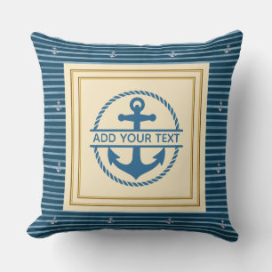 Nautical Blue White Stripes - Boat Name Anchor Cushion