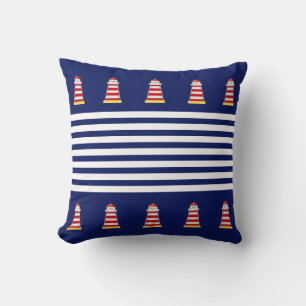 Nautical Blue & White Stripes on Navy Blue Throw P Cushion