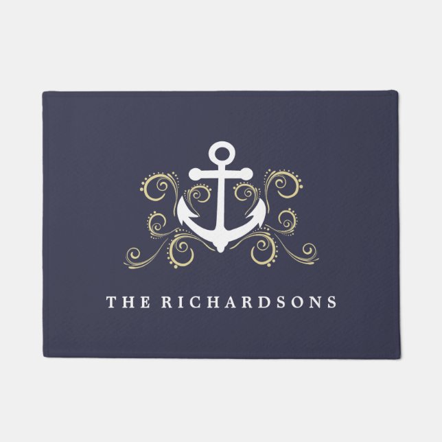 Nautical Blue with Anchor and Gold Coloured Swirls Doormat (Front)