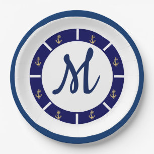 Nautical Blue with Golden Anchor Paper Plate