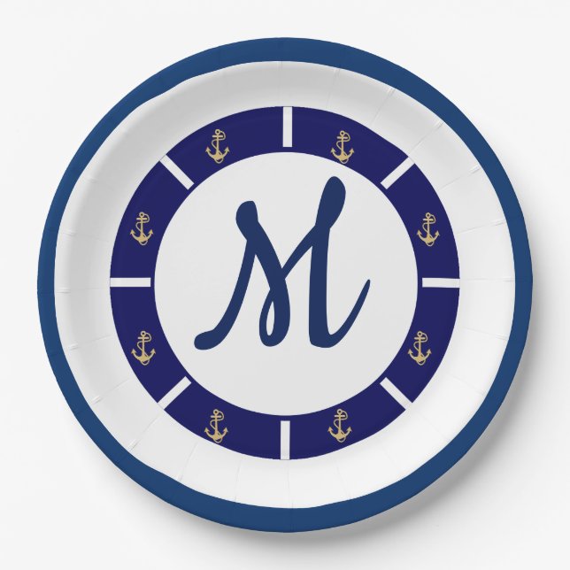 Nautical Blue with Golden Anchor  Paper Plate (Front)