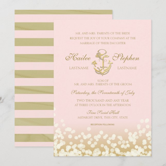 Nautical Blush and Gold Sparkle Wedding Invitation (Front/Back)