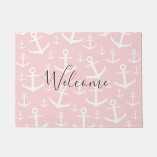 Nautical blush pink & white anchor pattern doormat