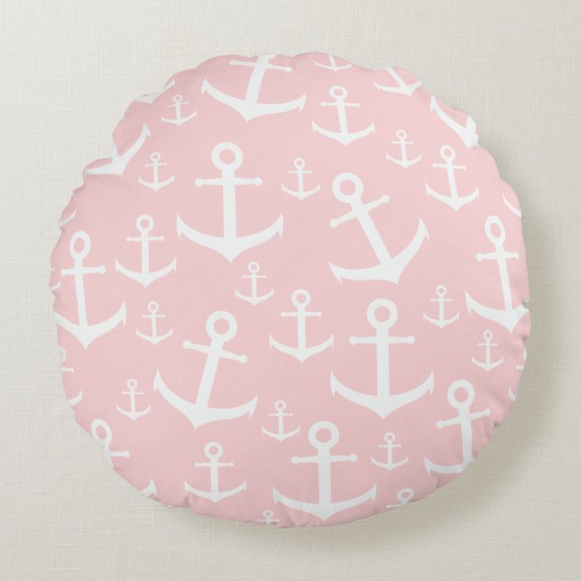 Nautical blush pink & white anchor pattern round cushion (Front)