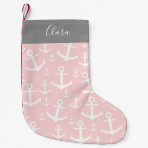 Nautical blush pink & white anchor pattern small christmas stocking