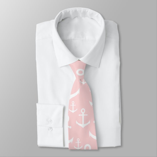 Nautical blush pink & white anchor pattern tie (Tied)