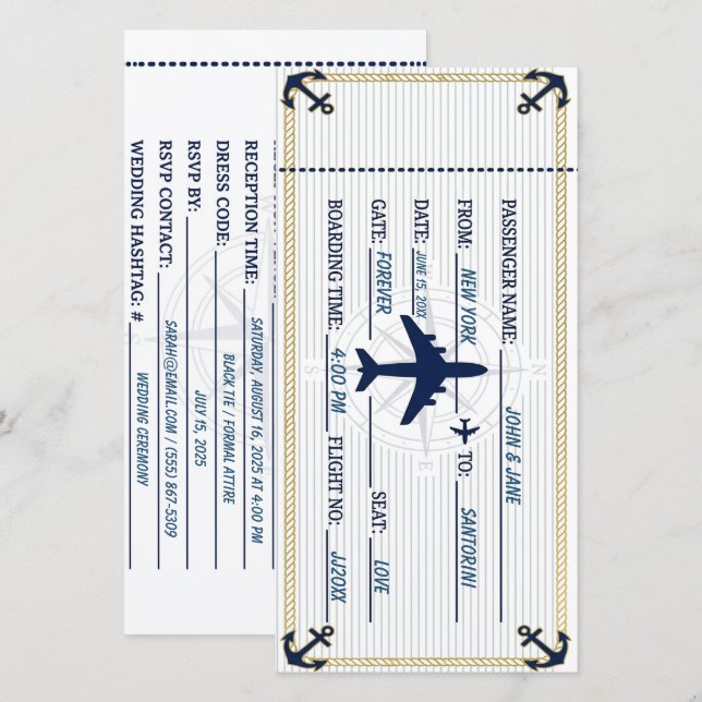 Nautical Boarding Pass Coastal Blue & White  Save The Date (Front/Back)