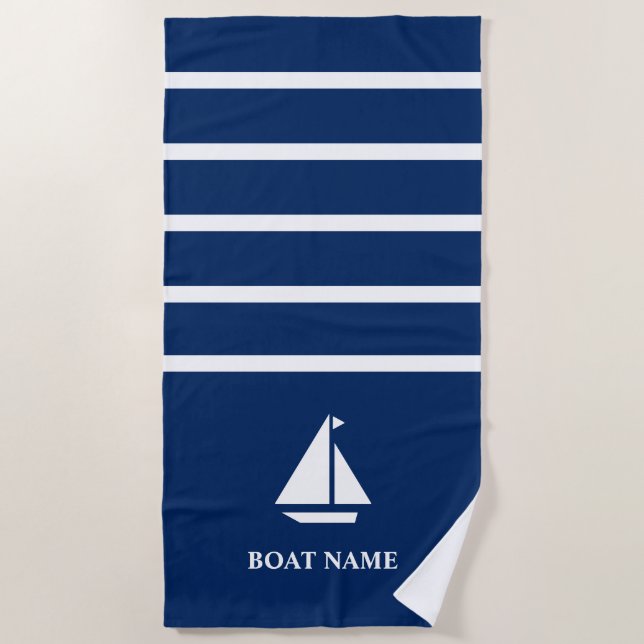 Nautical Boat Add Name Navy Blue Striped Beach Towel (Front)