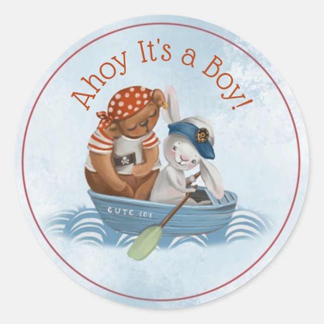 Nautical Boat Ahoy It's a Boy Baby Shower Classic Round Sticker (Front)