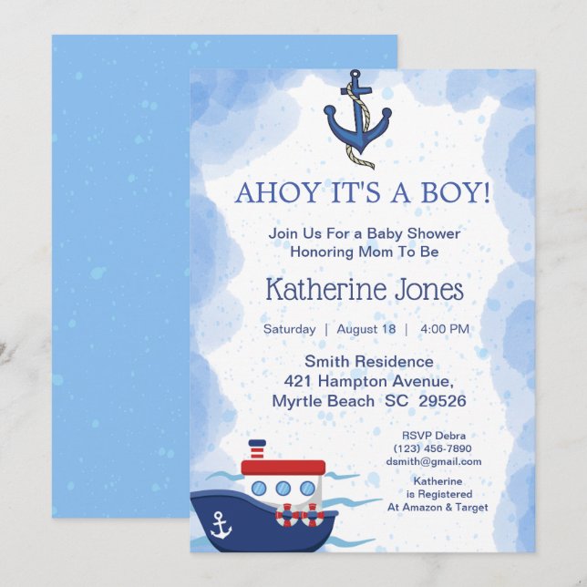 Nautical Boat Ahoy It's a Boy Baby Shower   Invitation (Front/Back)