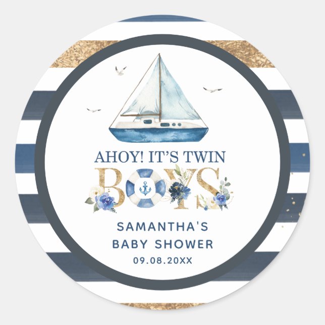 Nautical Boat Ahoy It's Twin Boys Shower Favour Classic Round Sticker (Front)